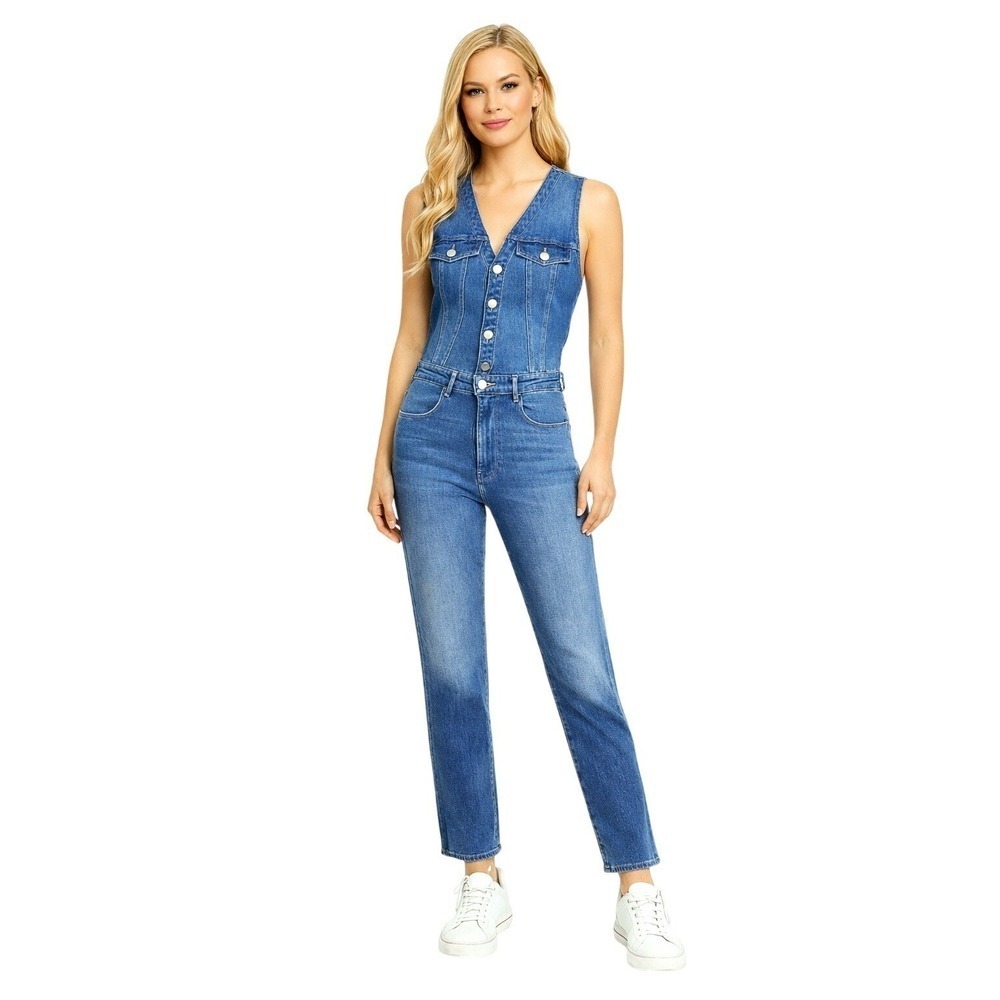 Frame Denim Sleeveless Button Front Jumpsuit XS Blue Jean Straight Leg